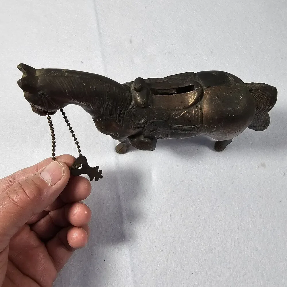 Vintage 60’s Brass Metal Coin Bank Country Western Horse  Copper Color W/Key